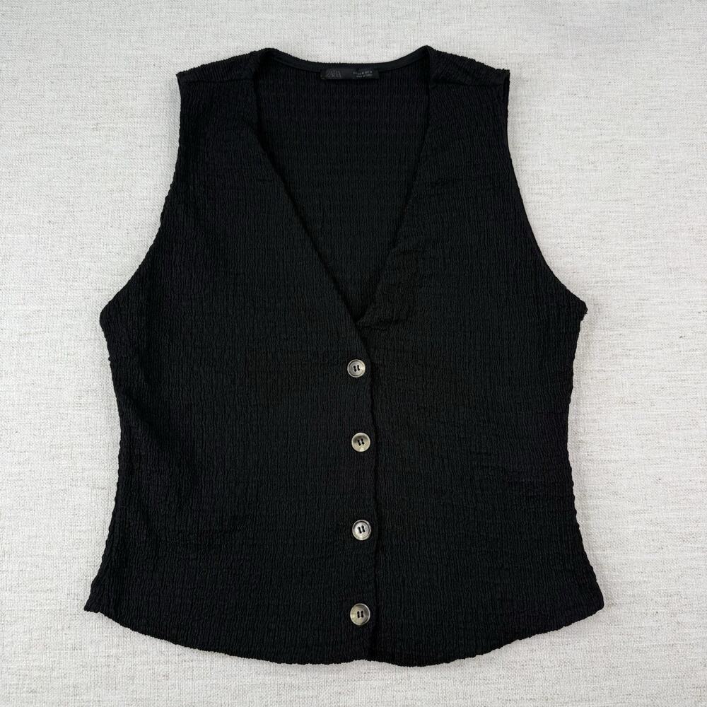 ZARA Knit Sleeveless Button Front Vest Crew Neck Women’s Size M Black
